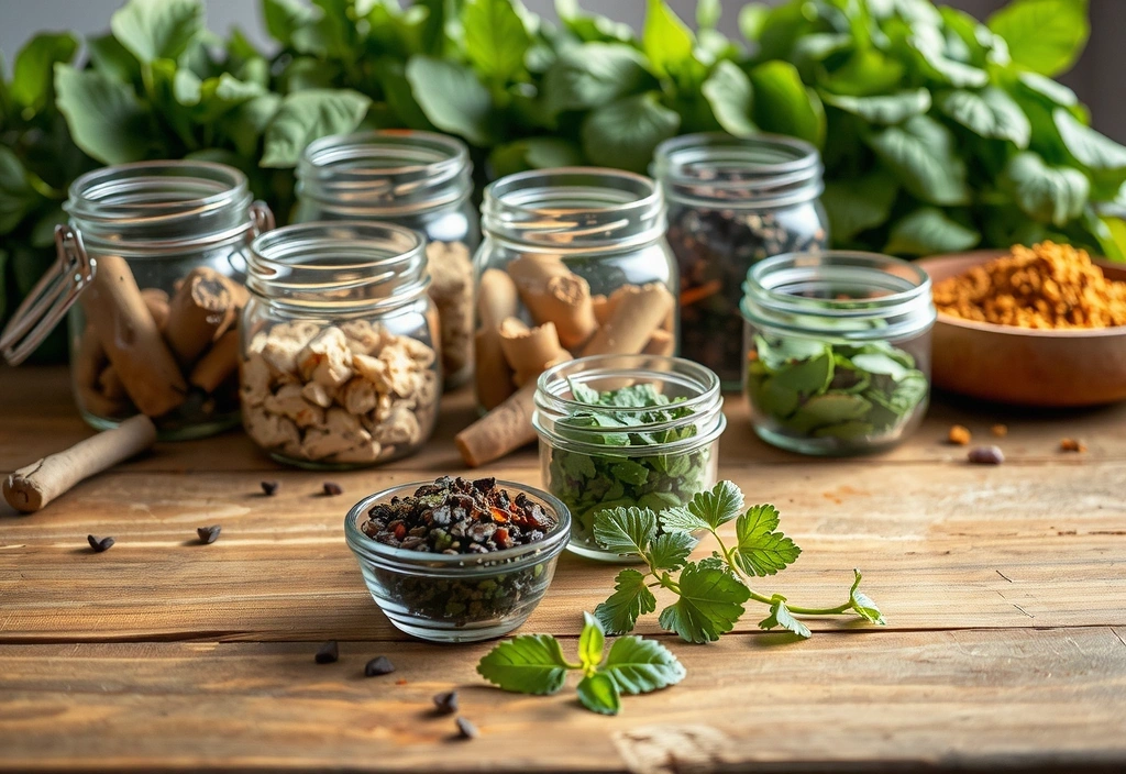 Różnorodne adaptogeny w szklanych słoikach i świeże zioła