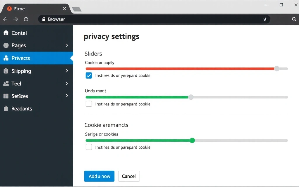 Grafika przedstawiająca ustawienia prywatności w przeglądarce, z suwakami do zarządzania plikami cookie.