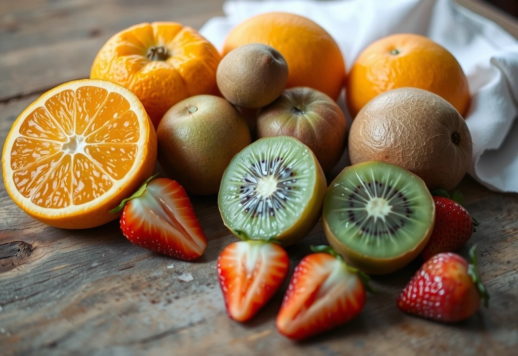 Zdjęcie przedstawiające świeże owoce bogate w witaminę C, takie jak pomarańcze, kiwi i truskawki, ułożone na rustykalnym drewnianym stole.