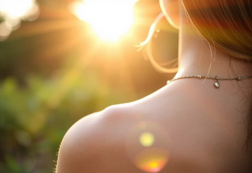 Zdjęcie przedstawiające promienie słońca padające na skórę, symbolizujące produkcję witaminy D, z delikatnym efektem bokeh w tle.