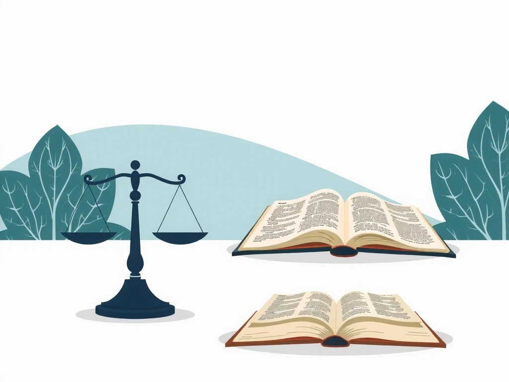 Ilustracja symbolizująca zasady etyki i obiektywizmu w nauce, z wagą równości i otwartą księgą wiedzy, w tle subtelne elementy natury.