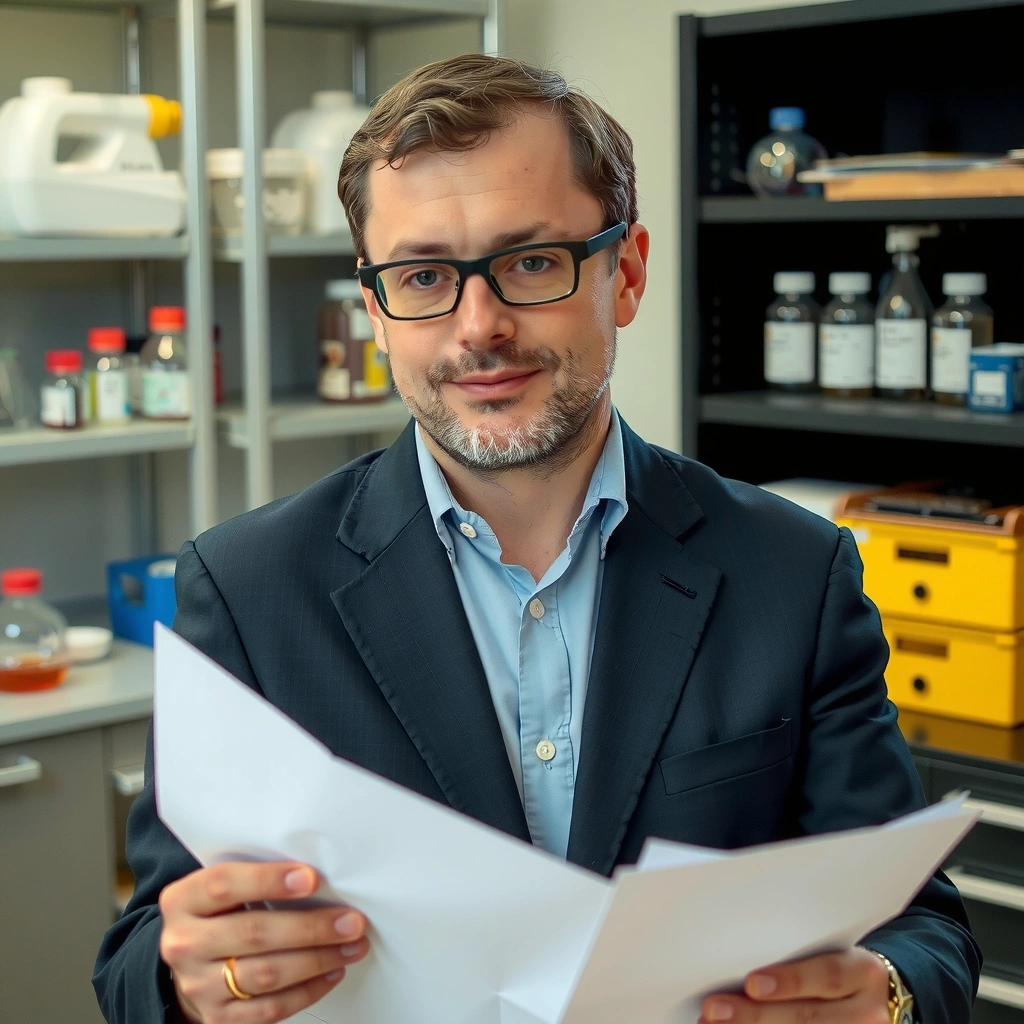 Portret Prof. Jana Nowaka, biochemika, z okularami, przeglądającego dokumenty w laboratorium, w tle sprzęt laboratoryjny.