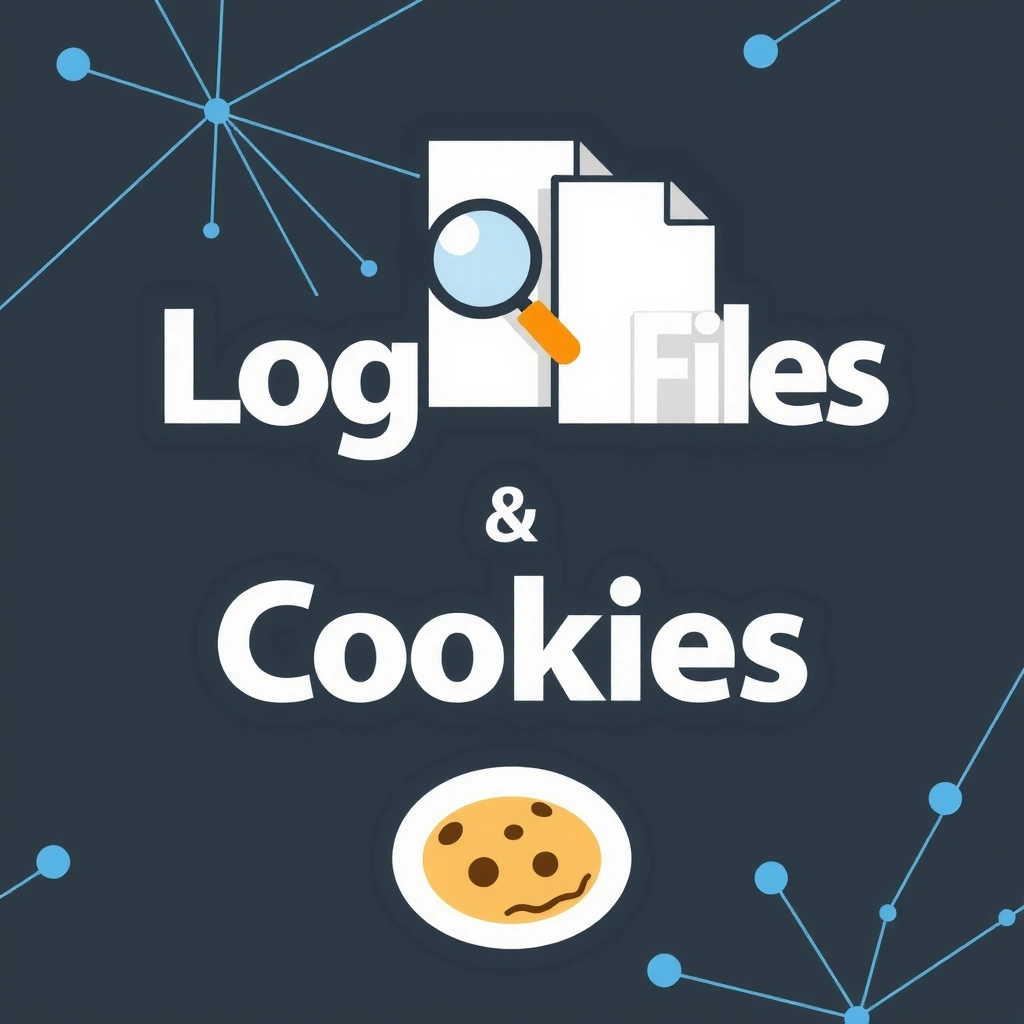 Ilustracja symbolizująca pliki dziennika i ciasteczka, z ikonami lup, plików i małych ciasteczek, na tle cyfrowej sieci.
