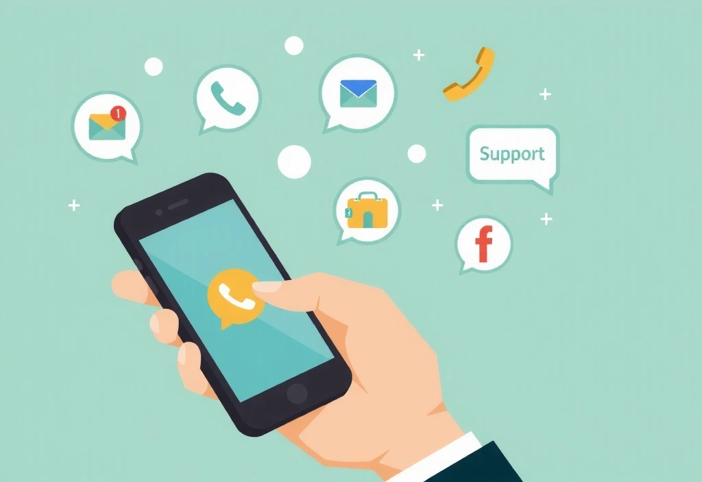 Ilustracja dłoni trzymającej smartfon z ikonami komunikacji i kontaktu