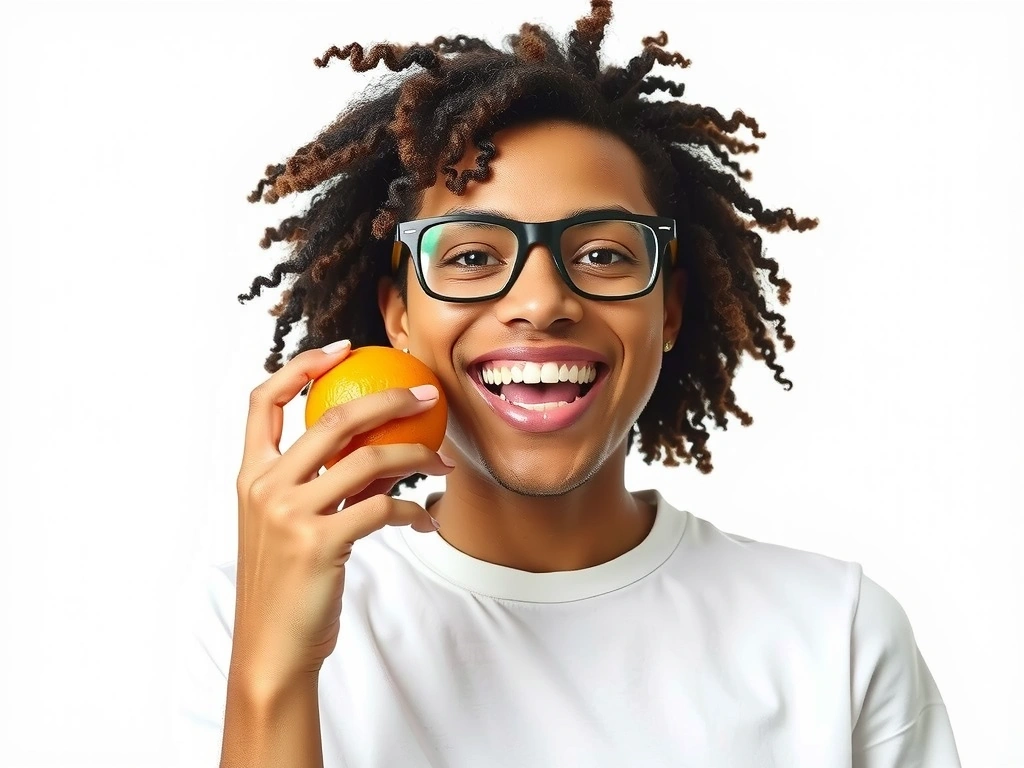 Radosna osoba jedząca pomarańczę, symbolizującą witaminę C i zdrowie.