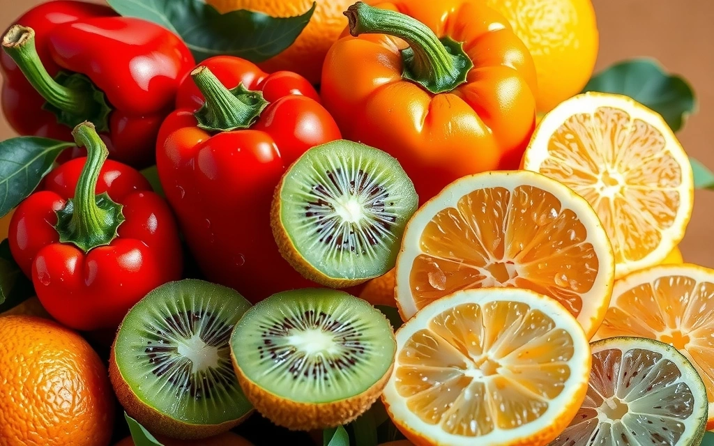 Fresh oranges, kiwis, and red bell peppers, rich in Vitamin C, arranged on a vibrant background