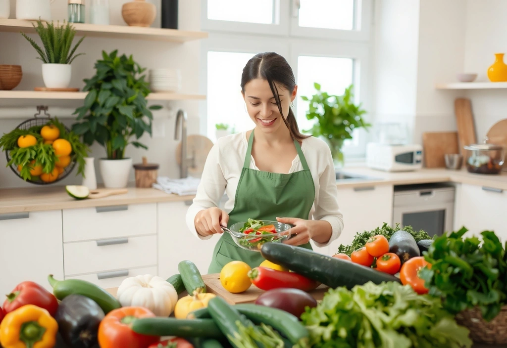 Kobieta przygotowująca zdrową sałatkę w kuchni, z dużą ilością świeżych warzyw i ziół.
