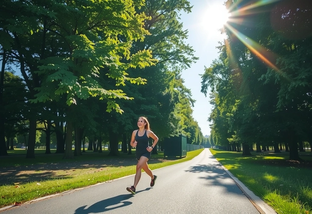Osoba biegnąca po malowniczej ścieżce w parku, otoczona zielenią, z promieniami słońca przebijającymi się przez drzewa.