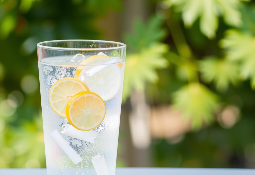 Szklanka świeżej wody z plasterkami cytryny na tle rozmytej zieleni, symbolizująca nawodnienie i orzeźwienie.